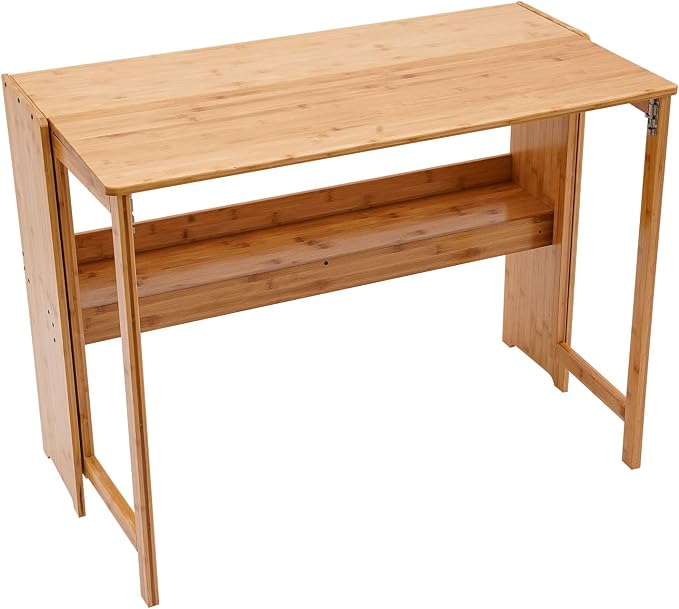 Modern Folding Desk, Small Computer Table Writing Desk Laptop Desk Vanity Table Bamboo Workstation with Bookshelf for Home Office