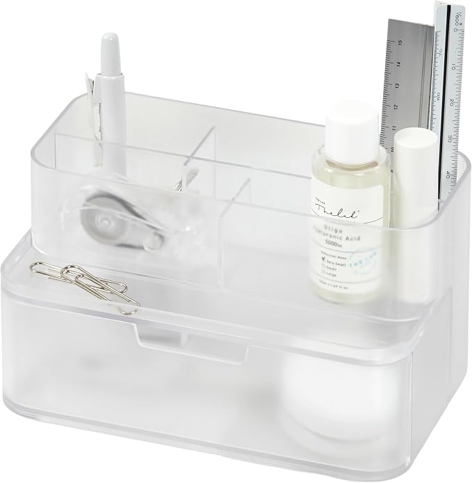 BLUE GINKGO Compact Desk Organizer, Transperent, Made in Korea | 5 Compartments. Half Drawer. Space-Saving.