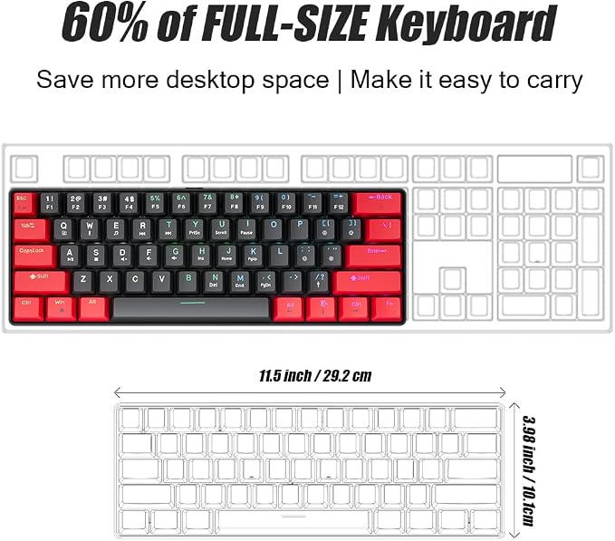 abucow 60% Mechanical Gaming Keyboard Black Switch Wired Compact Keyboard Anti-Ghosting No-Conflict 61 Swappable keycaps Ergonomic Design for Windows/Mac (Red-Black)