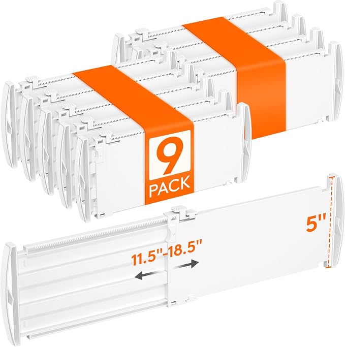 Lifewit 5" High 9 Pack Drawer Dividers, 11.5"-18.5" Adjustable Deep Drawer Organizer Clothes, Expandable White Plastic Separators for Dresser, Kitchen, Cabinet, Nursery, Office Organization & Storage