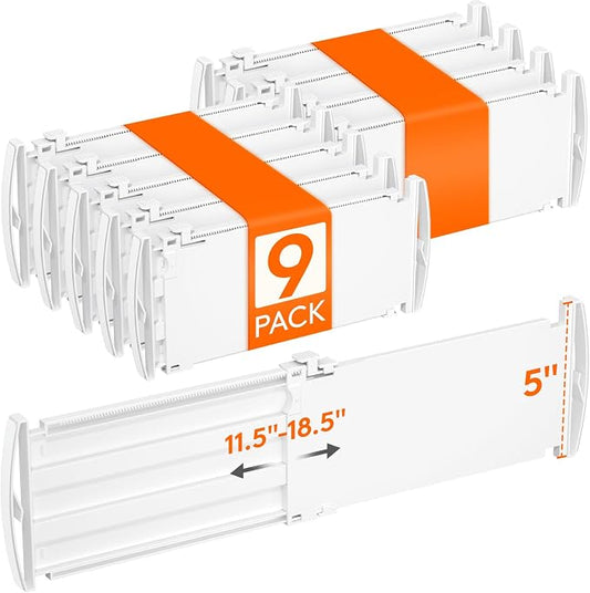 Lifewit 5" High 9 Pack Drawer Dividers, 11.5"-18.5" Adjustable Deep Drawer Organizer Clothes, Expandable White Plastic Separators for Dresser, Kitchen, Cabinet, Nursery, Office Organization & Storage