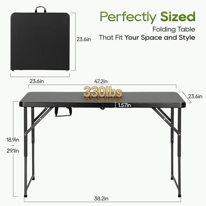 FDW 4FT Folding Table, Portable Fold-in-Half Plastic Picnic Party Table with Carrying Handle (Black, 4FT)