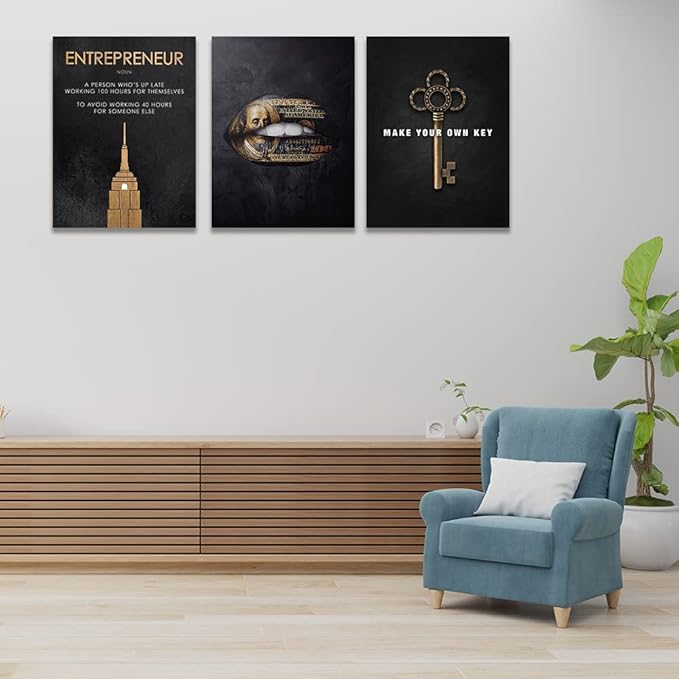 Halioyo Motivational Wall Art Canvas Prints, 3 Panel Entrepreneur Office Wall Art with Inspirational Quotes, Positive Saying Painting Posters for Living Room Bedroom(12x16inch), Ready to Hang
