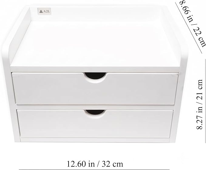 Desktop Organizer with 2 Drawers, Wooden Desk Shelf Storage Cabinet, Monitor Stand Riser for Office Supplies, Books & Accessories, Desktop Bookcase for Home Office, White