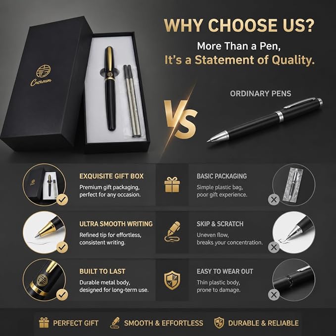Luxury Gold Rollerball Pen, 24K gold-plated exquisite pen body, stylish and simple design, two ink refills, gift set for men and women, executive writing, office, graduation gift (Black)