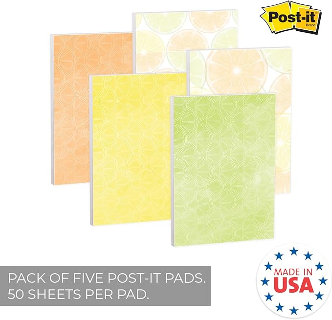 Citrus Vibes Note Assortment / 4" x 6" Tropical Repositionable Sticky Notes/Set of 5 Colorful Fruit Themed Pads/Made in The USA