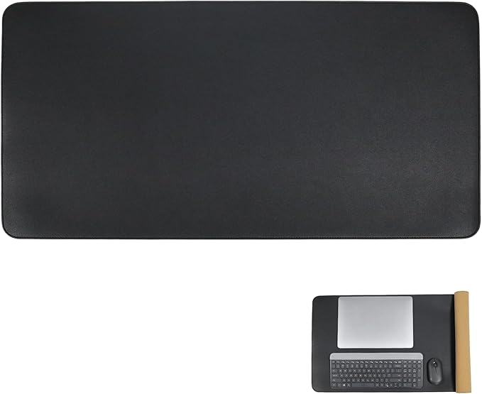 Large Double Sided Desk Mat 31.5" x 15.7" PU Leather Cork Mouse Pad | Large Black Overlocked Edge Desk Pad Protector for Office Home Gaming Laptop Vanity, Overlocked with Matching Thread