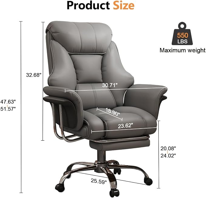 Big and Tall Office Chair Wide Seat Ergonomic Leather Executive Desk Chair with Leg Rest, Heavy-Duty 550 lbs Adjustable Height Computer Gaming Chairs