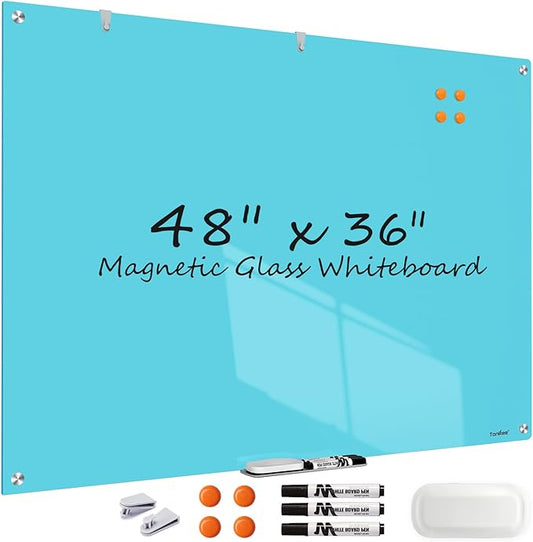 Glass White Board, 48x36 Inches Magnetic Glass Dry Erase Board, Large Whiteboard for Wall Office School Classroom Home, 3x2 Feet Blue Dry Erase Board Wall Mounted