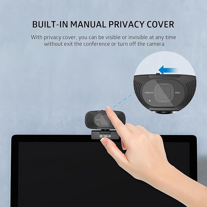 TOALLIN 1080P FHD Auto-Focus Webcam with Dual Microphones, Computer Web Camera, 90° Wide Angle, Privacy Shutter, USB Webcam for Video Calls
