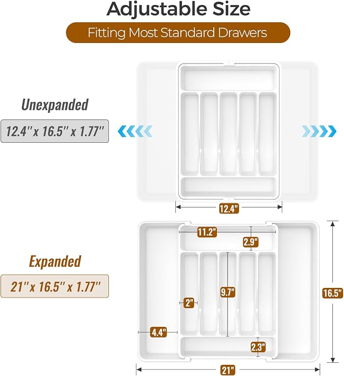 ukeetap Extra Large Expandable Silverware Organizer, BPA-Free Food-Safe Cutlery Flatware Organizer, Kitchen Utensil Drawer Organizer, Adjustable Silverware Holder for Spoons Forks Knives, White