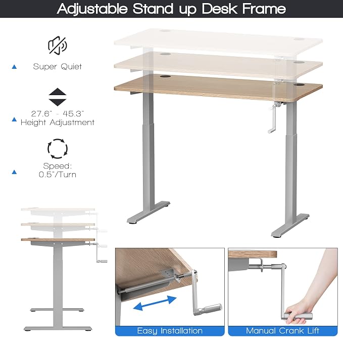 COSTWAY Crank Standing Desk Frame, Manual Hand Crank Workstation Base, Ergonomic Sit to Stand Base w/Foldable Crank Handle, Hook, Cable Management Rack (Grey)