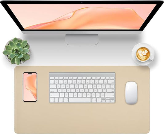 Leather Desk Pad, Desk Matt for Desktop, Non-Slip Keyboard and Mouse Pad, Waterproof Computer Desk Protector Mat, Beige Desk Accessories for Women, 23.6"x13.7"