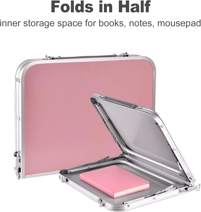 Foldable Laptop Table with Hidden Storage, Portable Bed Tray with Folding Legs for Studying, Reading, Working, Breakfast and Picnic, Lap Desk for Sofa, Couch, Floor & Outdoor Use (Pink)