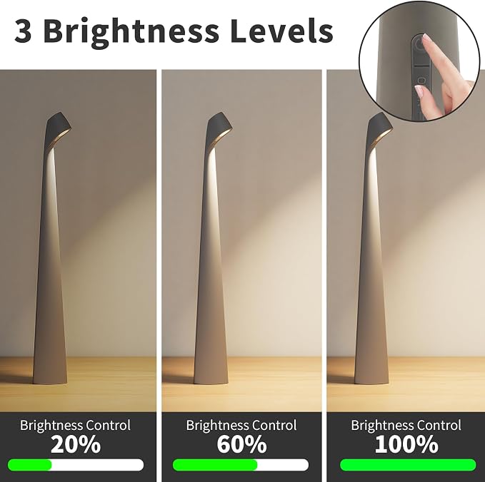 HAPYGI Portable Cordless LED Desk Lamp,Rechargeable Wireless Table Lamp, 3-Level Brightness, Patio Table Lamp, Bedside Night Light, Dining Room Ambient Light, Reading Light (Grey)