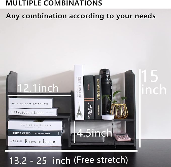 YGYQZ Adjustable Desktop Shelf Organizer, 3-Tier Expandable Desk Shelf, Black