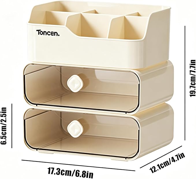 Desk Organizer with Drawers & Divided Compartments, Stackable Desktop Storage Caddy for Makeup and Office Stationery (Cream)