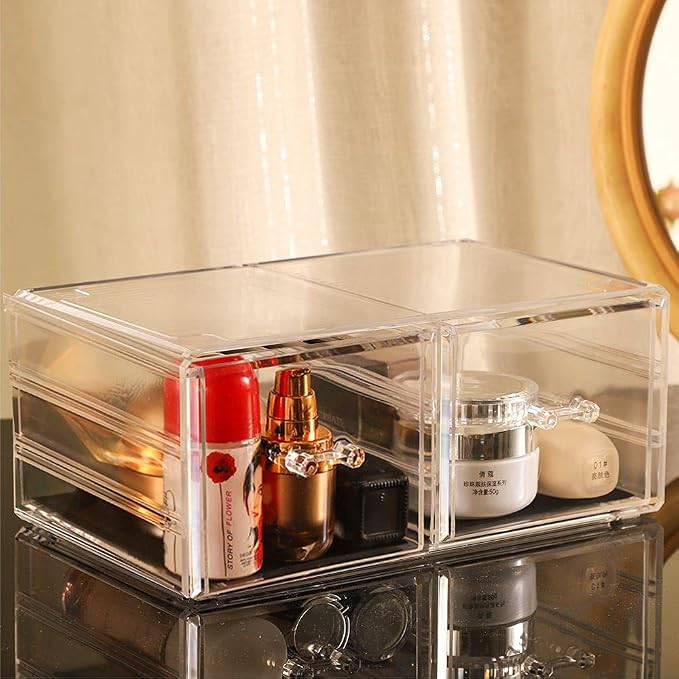 Cq acrylic Clear Stacking Make Up Organizers and Storage With 2 Drawers,4.7" Tall Acrylic Medicine Cabinet Organizer,Plastic Desktop Drawers Organizer for Vanity, Undersink, Kitchen Cabinets,Bathroom