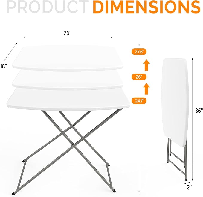 VINGLI Small Folding Table Portable, 18" Adjustable Height Personal Laptop TV Tray, Camping Table, HDPE Plastic Top with Steel Frame,White