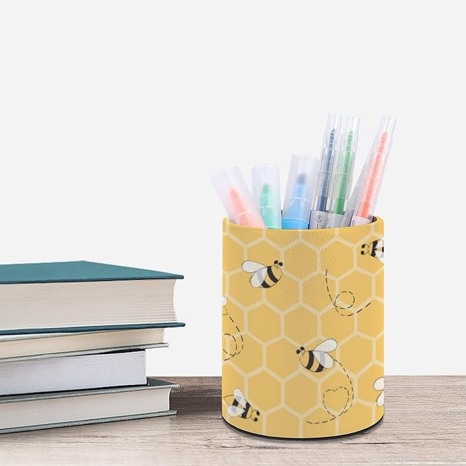 Bee Pen Holder for Desk PU Pencil Cup Organizer | Round Desks Makeup Brush Holder for School Multifunctional Office Supplies