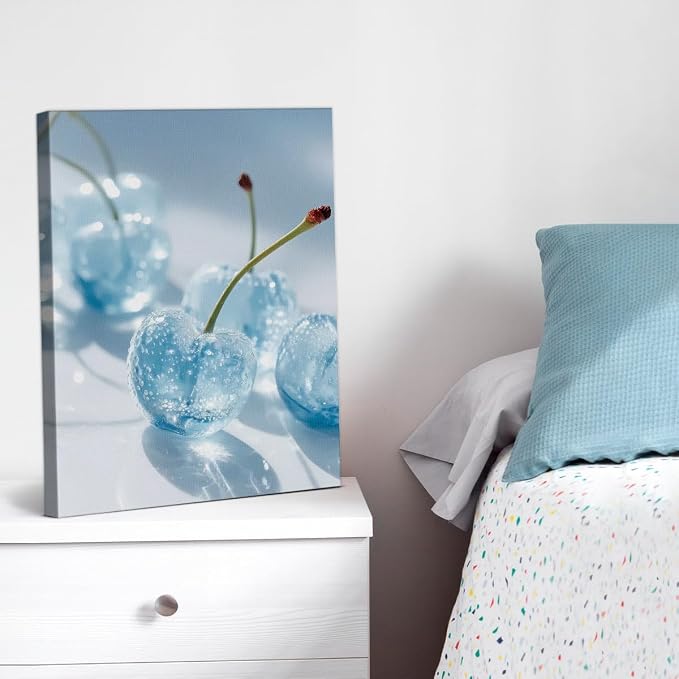 Preppy Blue Cherry Wall Art Decor Trendy Glam Cherry Picture Painting Artwork Modern Aesthetic Wall Decor for Home Apartment Bedroom 8x10 Canvas Framed