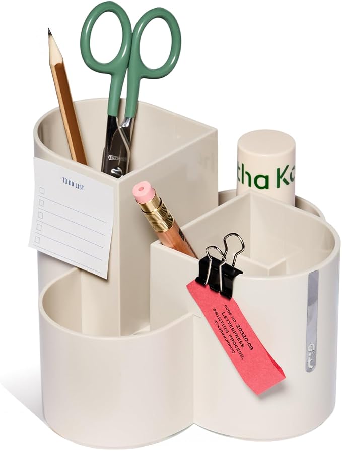 Aesthetic Desk Organizer [Sand Beige] - Multi-Compartment Pen Holder & Remote Control Caddy, Modern Vanity Makeup Brush Organizer, Premium Stationery Storage (Made In Korea)