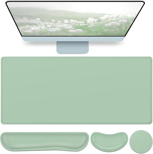 Desk Mat Green, Large Gaming Mouse Pad with Wrist Rest, 4in1 XXL Mousepad+Keyboard Wrist Rest+Mouse Pad Wrist Support+Cup Coaster Set Ergonomic Computer Desk Arm Wrist for Decor Home Office Women