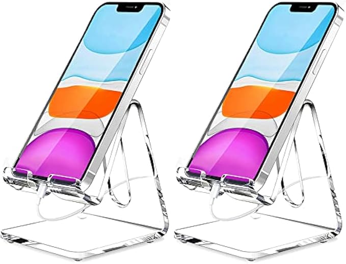 Crpich Acrylic Cell Phone Stand, Portable Phone Holder, Clear Phone Stand for Desk, Compatible with Phone16 15 14 13 12 Pro Max 11 Xr Plus SE, Switch, Android Smartphone, Pad, Desk Accessories, 2 Pack