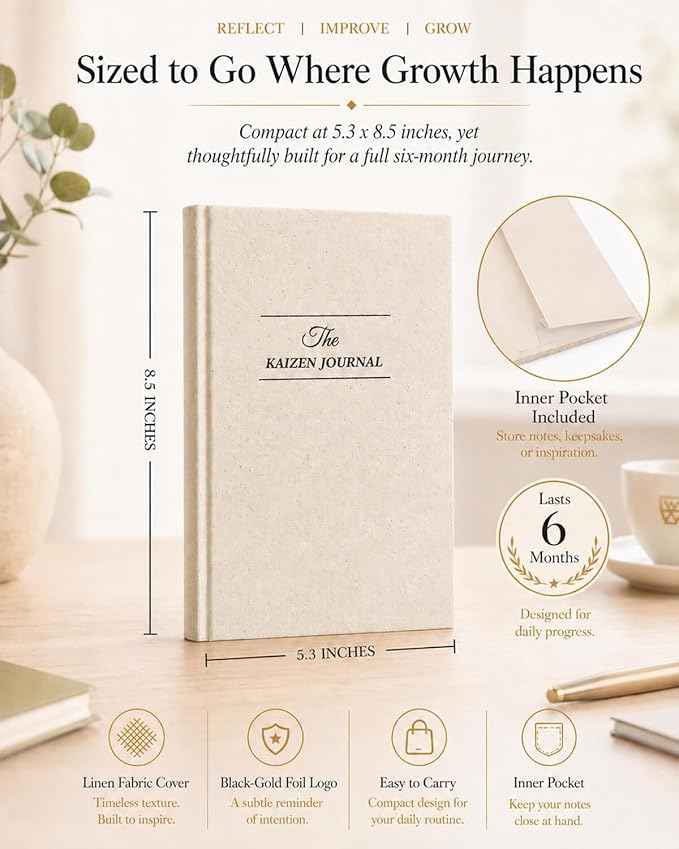 The Kaizen Journal for Self Improvement – Undated Daily Planner & Habit Tracker for Men & Women, Productivity, Focus & Mental Health – 24-Week Goal Planner with Gift-Ready Box, Two Colors (Original Linen)