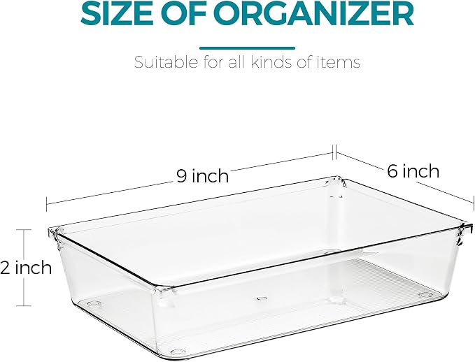 8 Pack Drawer Organizers, 6"X 9" Clear Acrylic Storage Bins | Acrylic Tray Design, Non-Slip Pads, Desk Storage Helper, For Makeup, Jewelry, Kitchen, Bathroom, Office Organization