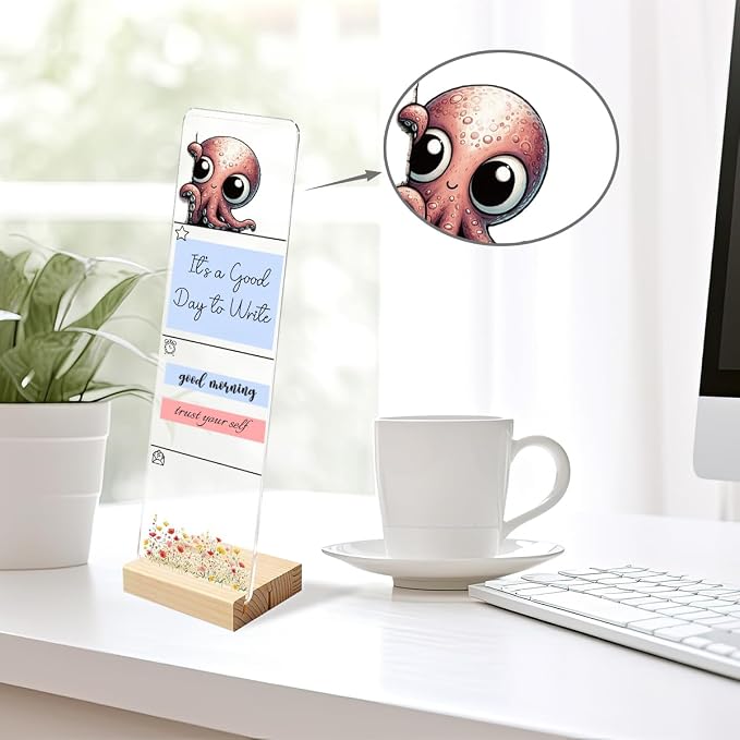 Sticky Note Holder, Monitor Memo Board, Acrylic Post It Note Holder with Wooden Base, Includes 200 Notes, Desk Organizer for Office, Cute Octopus Design