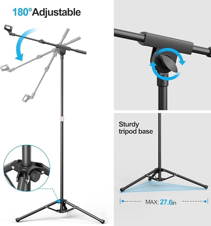 Mic Stand with Boom Arm, Heavy Duty Tripod Microphone Stand Floor Holder Height Adjustable with Carrying Bag and 2 Mics Clips for Singing Performance, Home Studio Recording, Podcast and Stage