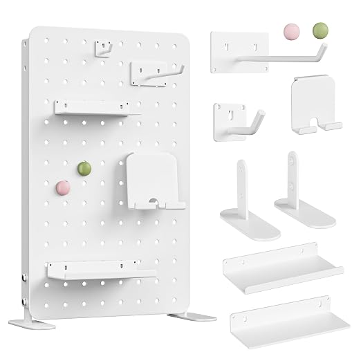 White Metal Desk Pegboard, 1 Pack Standing Organizer with Hooks | Freestanding 8.67 x 14.17 in panel with stands, hooks, shelves, phone holder and magnetic patches for desk storage