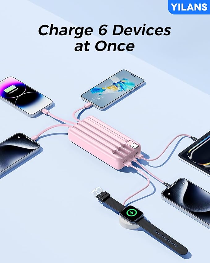 Portable Charger,50000mAh Power Bank Built-in Cable, 22.5W PD USB C In & Out Fast Charging, External Battery Pack with 6 Output & 2 Input, Travel Phone Charger for iPhone 17/16/15/14/13/12(Rosy)