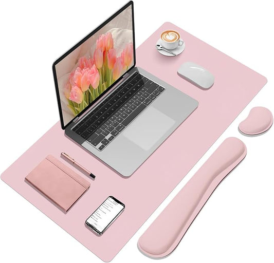 Mouse Pad and Keyboard Wrist Rest, Large Keyboard and Mouse Pad Set, Ergonomic Mousepad with Wrist Rest, Non-Slip Desk Mat Protector for Office, Home (31.5×15.7 Inches, Pink)