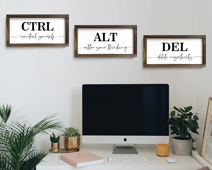 Pinetree Art Motivational Wall Decor for Office, Set of 3 Rustic Wooden Framed Signs, CTRL ALT DEL Inspirational Wall Art for Home Office, Classroom, Desk Wall, Positive Mindset Decor, (6"x12"x3)
