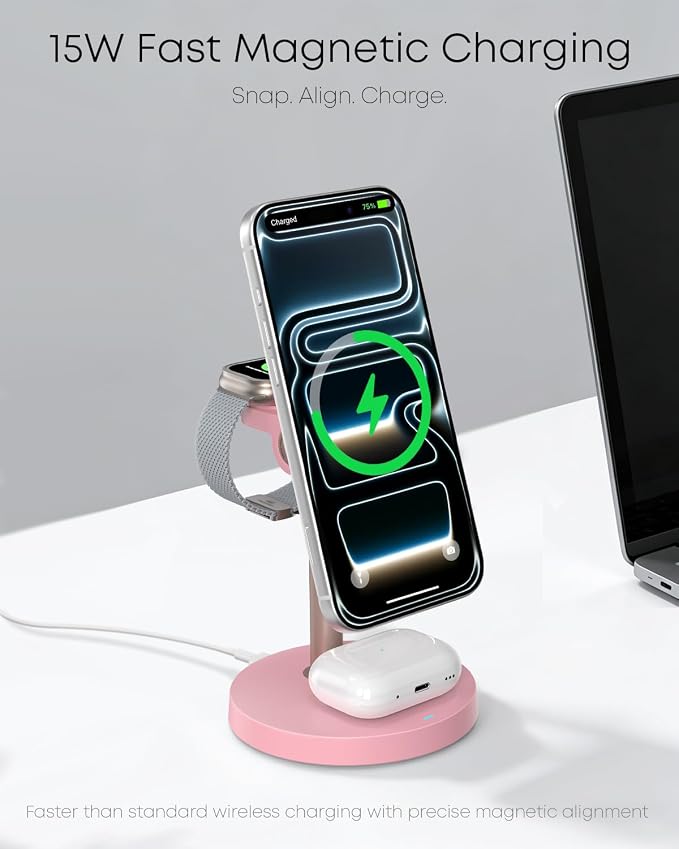 3 in 1 Magnetic Wireless Charging Station, 15W Charger for iPhone, Pink | Compatible with iPhone 12-17 Series, Apple Watch & AirPods, Charges 3 Devices Together, 18W Adapter Included, 3-Year Warranty