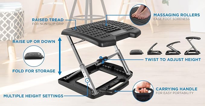 Mount-It! Under Desk Footrest Adjustable Height & Tilt Foot Rest Under Desk (3"–15") with Massage Rollers, Large Non Slip Ergonomic Office Foot Stool for Home Office & Workstation