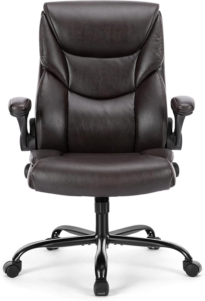 Sweetcrispy Computer Gaming Chair, Ergonomic High Back Heavy Duty Task Desk Office Chairs with Wheels, Flip-up Arms, Adjustable Height, PU Leather,Dark Brown