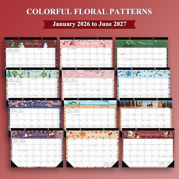 Ymumuda Desk Calendar 2026-2027 Wall Calendar 2 in 1, Monthly Desk Calendar 2026 from JAN.2026 to JUN.2027, 18-Month, Large 12"×17", Waterproof Cover, Hanging Rope, Home/office/School Planners