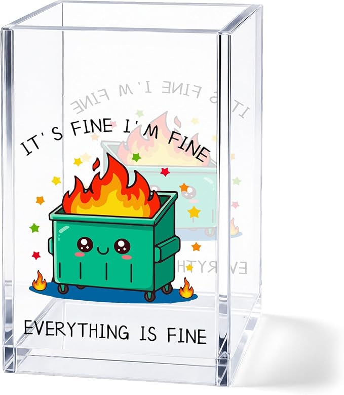 Green Dumpster Fire Acrylic Pen Holder Cup, Funny Office Desk Decor, Cute Pencil Holder Organizer, Desk Accessories, Coworker Gift for Women Men