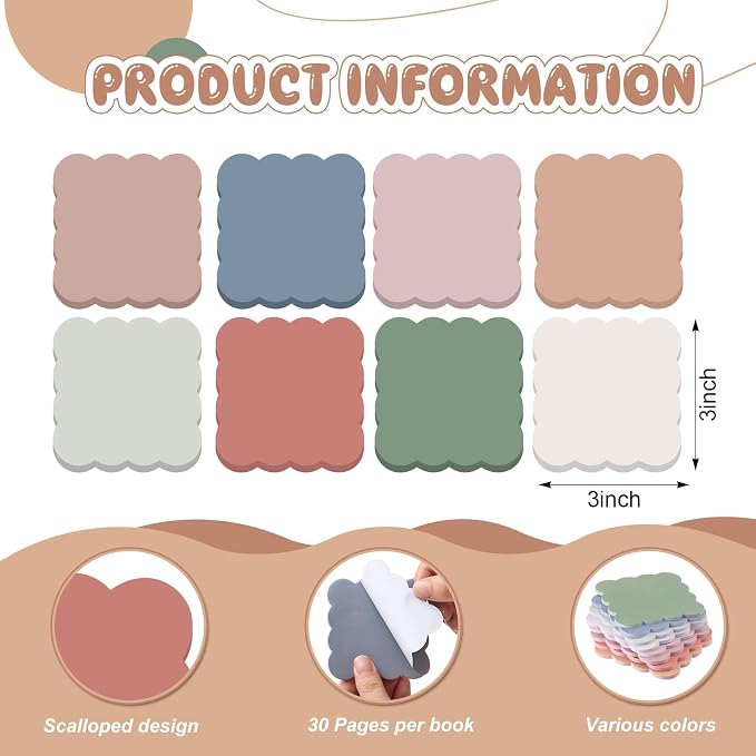 Eaasty 8 Pack Scalloped Sticky Notes Cute Adhesive Memo Pads Vintage Colors Aesthetic Unlined Self Stick Note Pads 3" x 3" Pretty Wavy Sticky Notes Bulk 240 Sheets for School Office Supplies