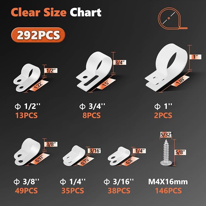 292Pcs White PA66 Nylon R Type Cable Clamps Clips Assortment Kit | Good Ductility, Fireproof, 6 Sizes (3/16'' 1/4'' 3/8'' 1/2'' 3/4'' 1''), 146pcs M4 Screws, for TV/PC/AC Cables & Wires.