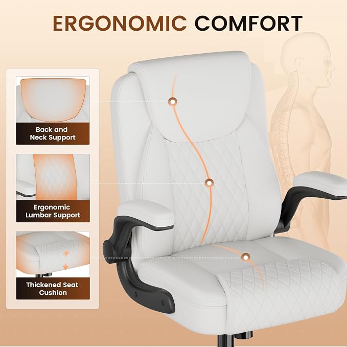 GTPLAYER Leather Office Chair, Home Desk Chair with Flip-up Arms and Ergonomic Back - Comfy Heavy Duty Executive Chair for Home Office Gaming, White