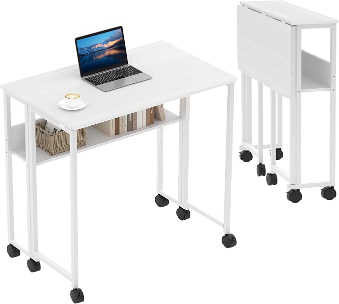 31.5" Folding Desk Rolling Desk with Storage Shelf,Space-Saving Foldable Computer Desk with Wheels,Portable Mobile Couch Sofa Side Table for Small Spaces, Home Office, Study, Easy Assembly,white