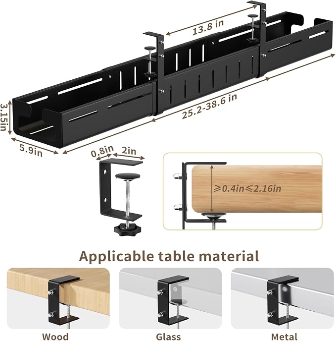 Under Desk Cable Management Tray,Expandable 25.2Inch – 38Inch,Black | Heavy Duty Carbon Steel,Cable Tray with No Drill Clamp Mount,Adjustable Under Desk Cord Management for Office Home,Rustproof