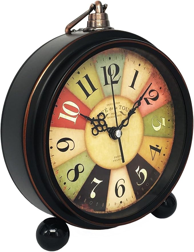 Vintage Analog Alarm Clock, Tuscan Style, 5.25inch | Small, Silent Desk Clock, Night Light, Battery Operated, Table, Bedroom, Bedside, Living Room, Gift Clock