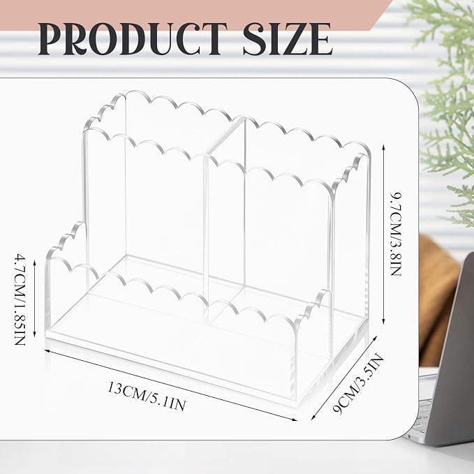 Scalloped Acrylic Pencil Holder for Desk, Clear Pen Organizer with 3 Compartments, Marker Makeup Brush Holder Remote Caddy for Home, Office, Bathroom, Classroom, Table
