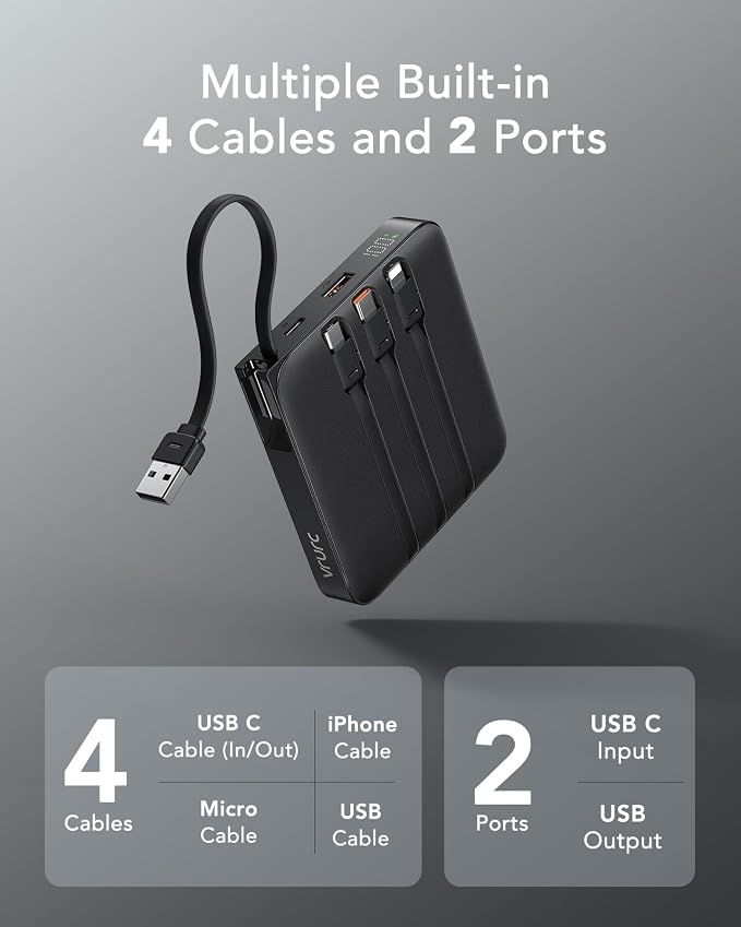 VRURC 20000mAh Portable Charger 20W Fast Charging with Built-in 4 Cables | Travel Essentials, Battery Pack Power Bank for iPhone 17/16/15 Series, Samsung Galaxy S26 Series Android Phone, Black