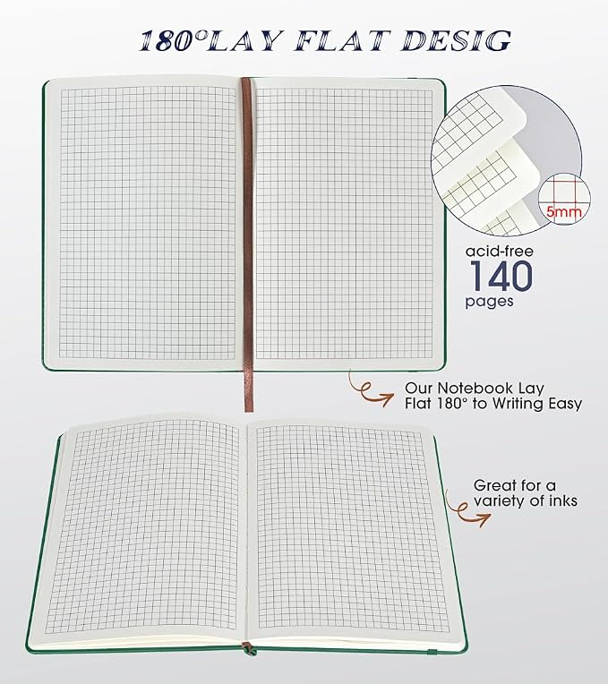 Biuwory Graph Paper Notebook Journal for Women Men,140 Pages Hardcover Grid Notebooks for Work & School,Leather Journals for Writing, Graphing Paper Notebook 5.7"×8.3" (Green)